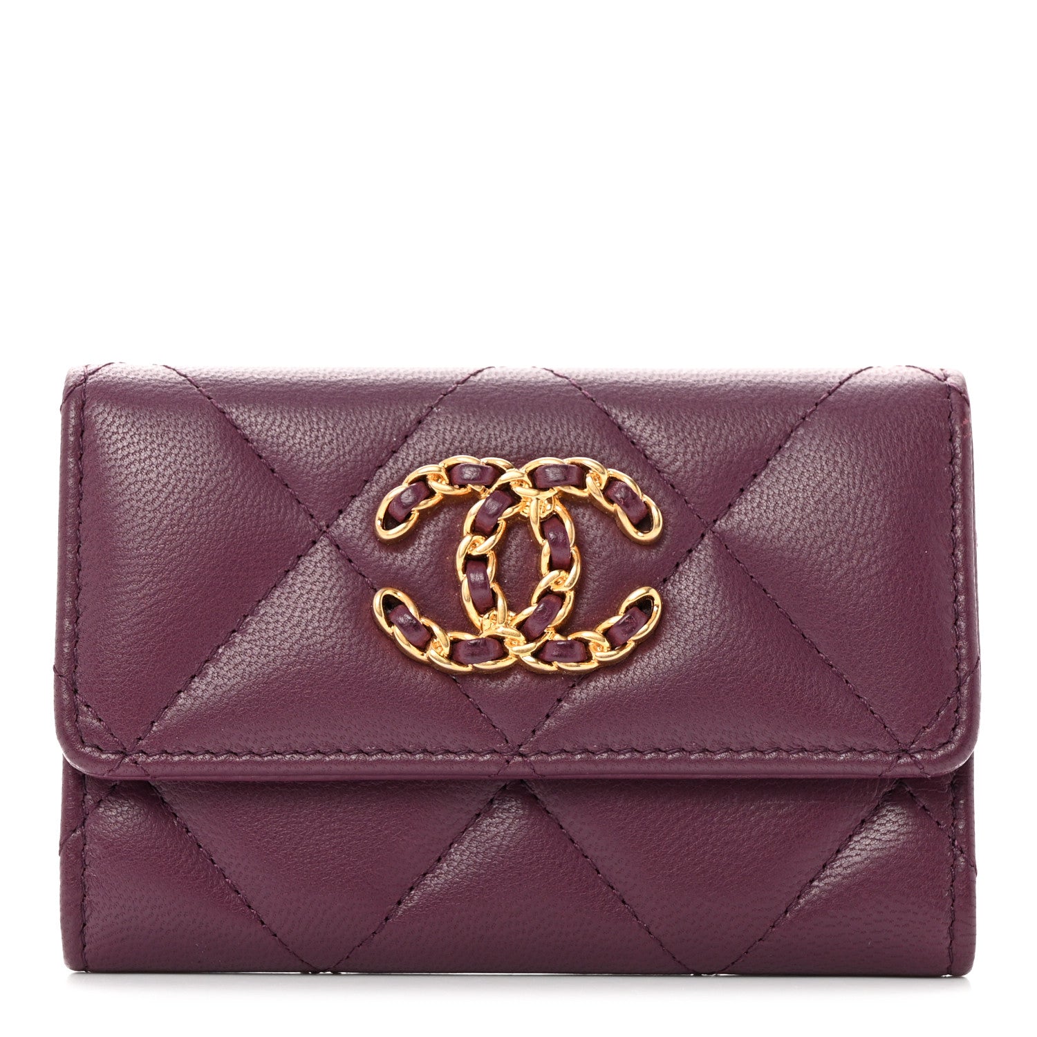 Chanel Shiny Goatskin Quilted Chanel 19 Flap Card Holder Purple 1 of 10