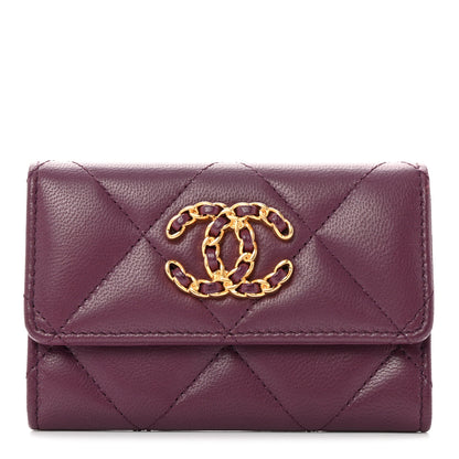 Chanel Shiny Goatskin Quilted Chanel 19 Flap Card Holder Purple 1 of 10