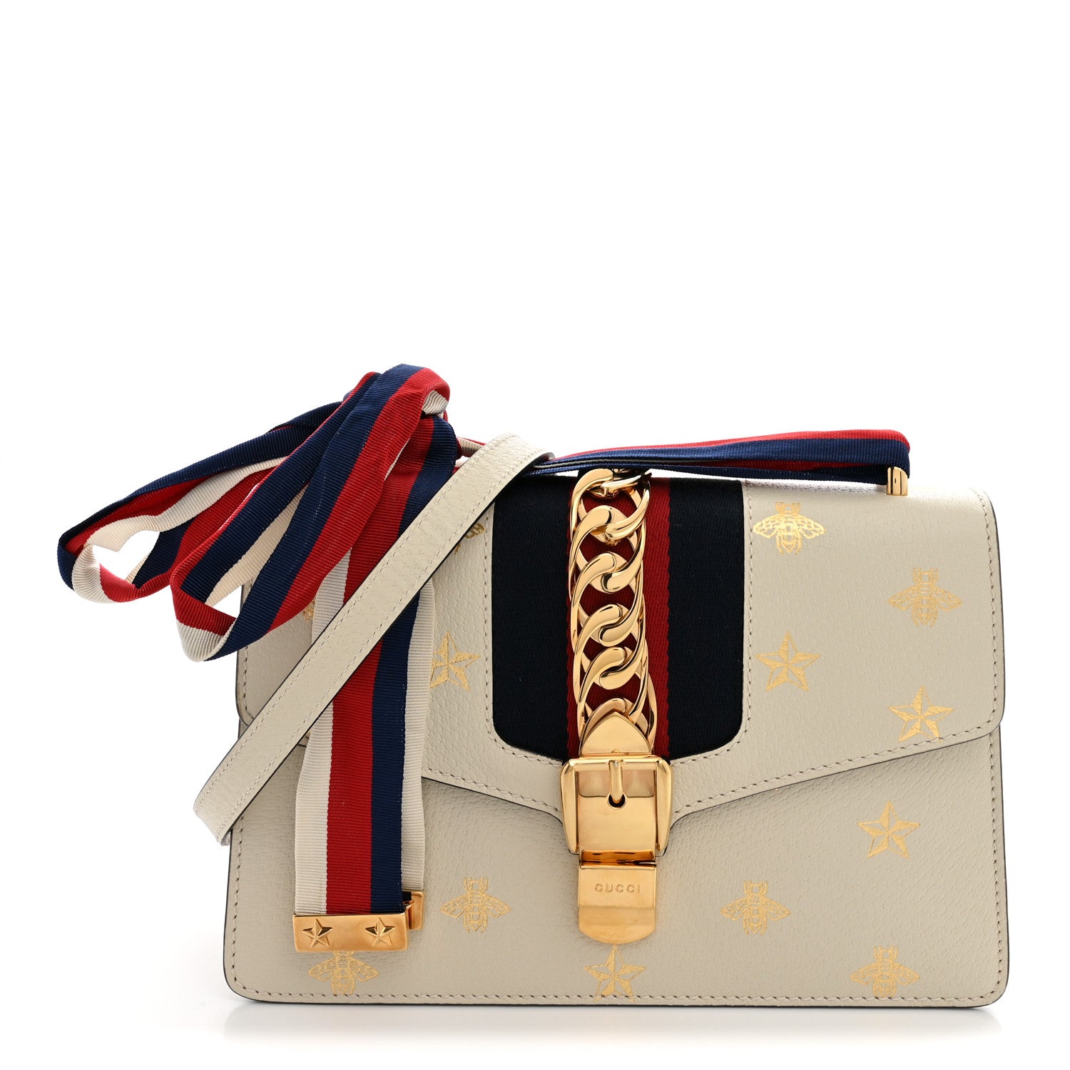 Gucci Textured Calfskin Bee Star Print Small Sylvie Shoulder Bag Mystic White 1 of 14
