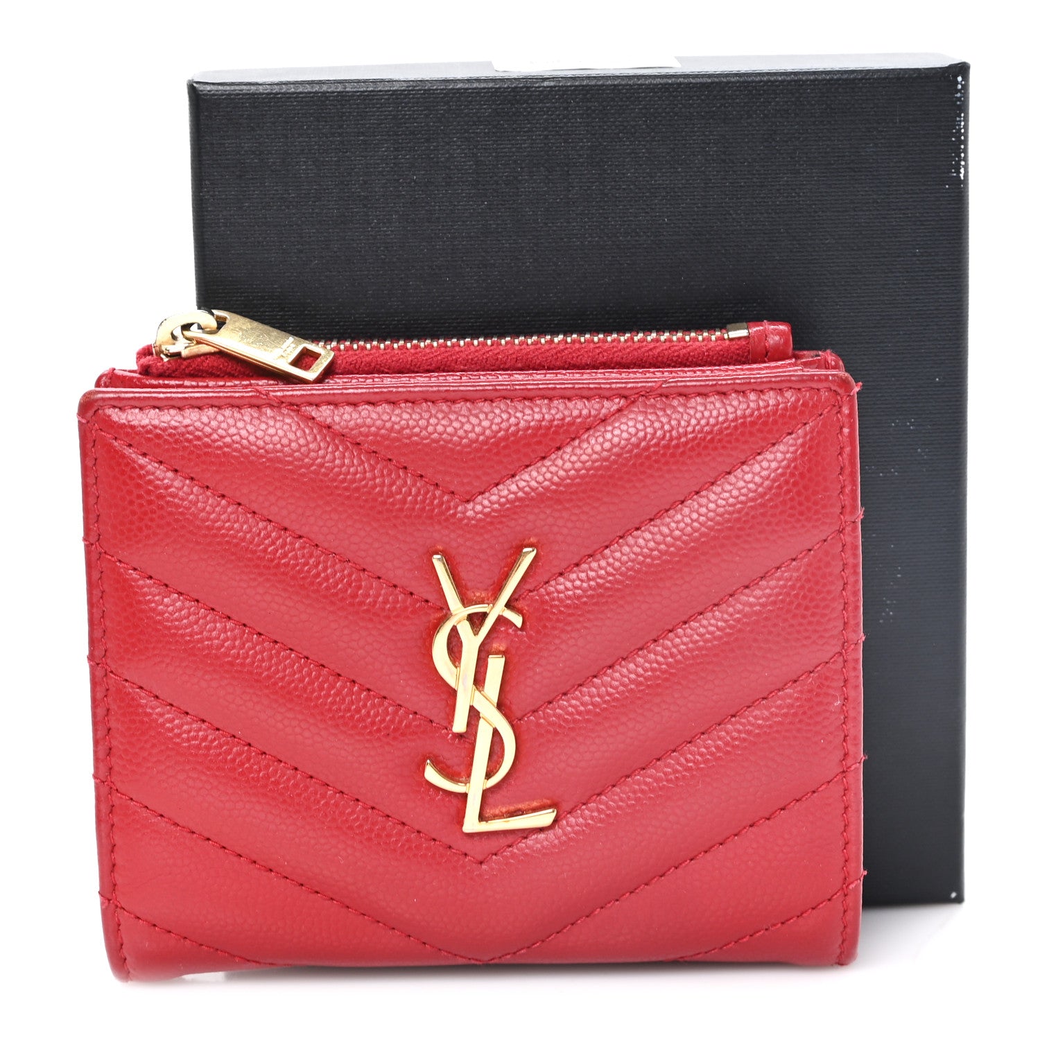 Saint Laurent Grain De Poudre Matelasse Chevron Monogram Zipped Card Case Rouge Eros 9 of 9