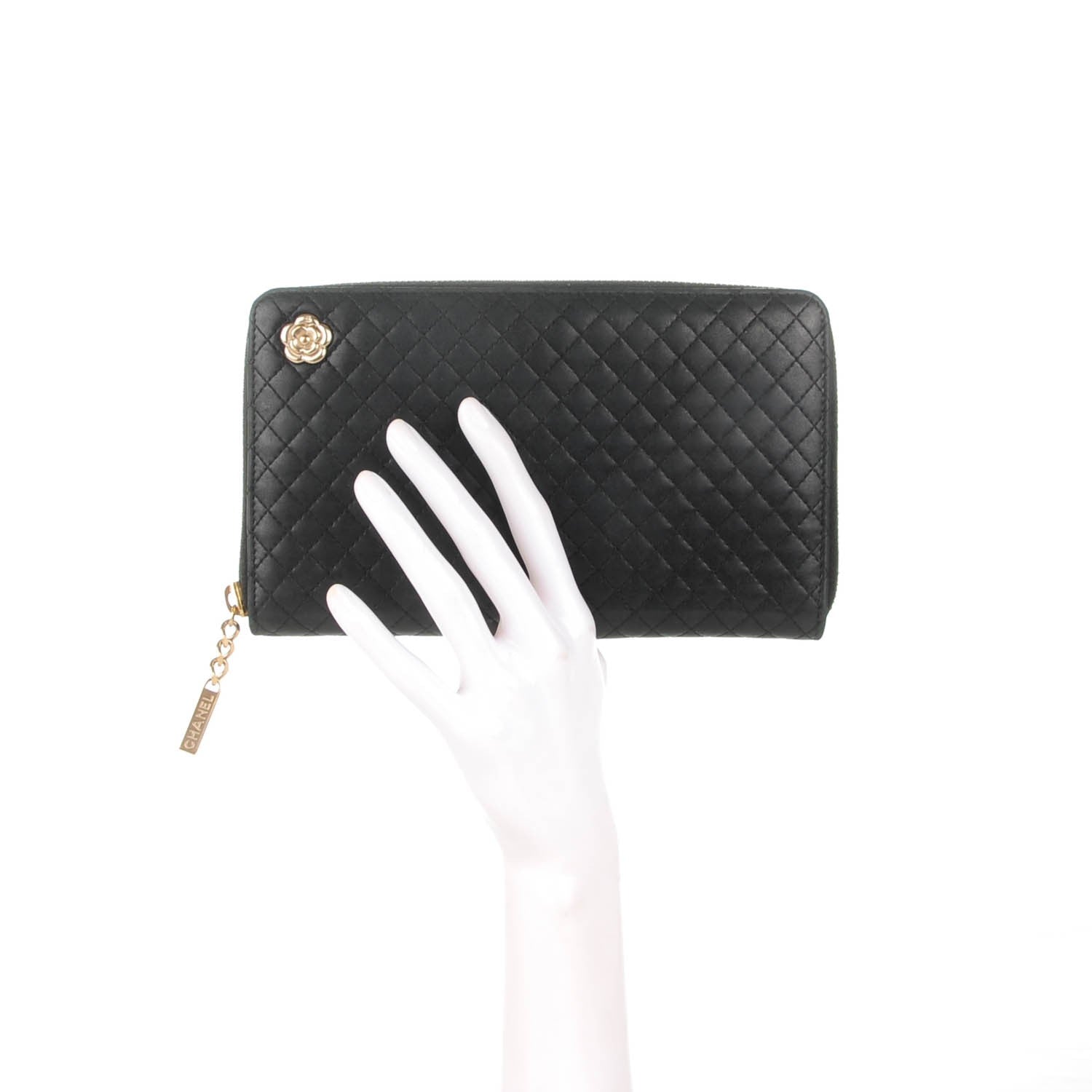 Chanel Lambskin Quilted Camellia Zip Around Organizer Wallet Black 2 of 7