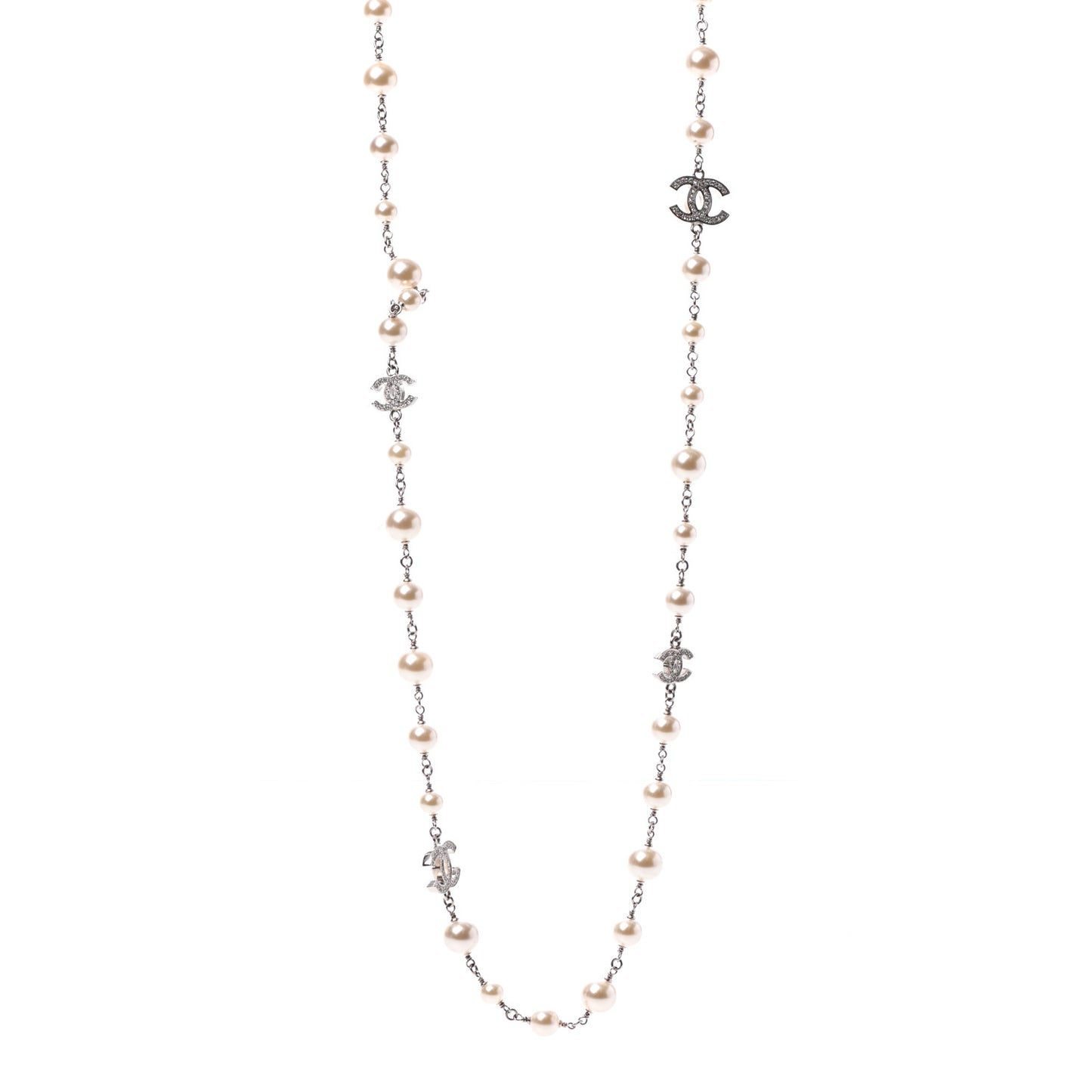 Crystal Pearl CC Long Necklace Silver