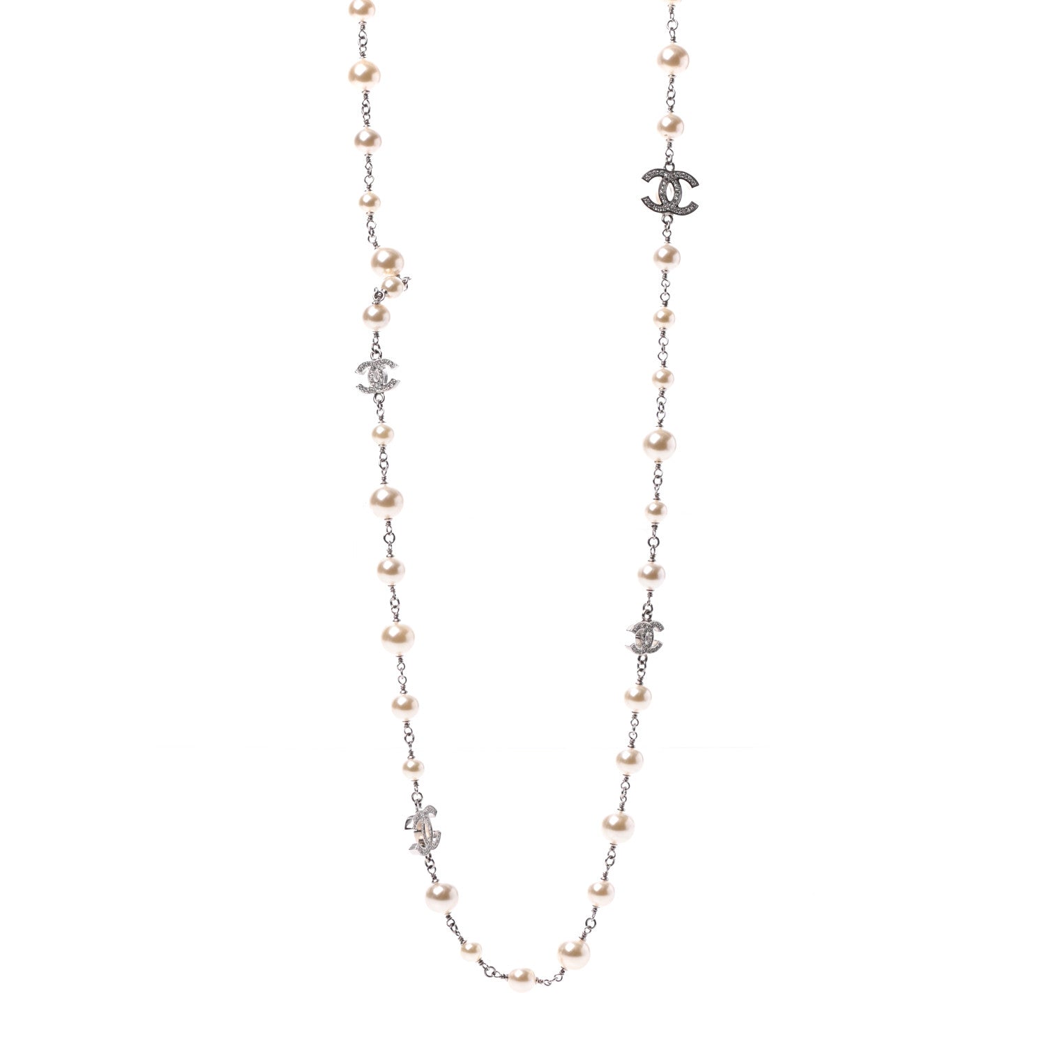 Chanel Crystal Pearl CC Long Necklace Silver 1 of 5