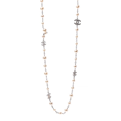 Chanel Crystal Pearl CC Long Necklace Silver 1 of 5