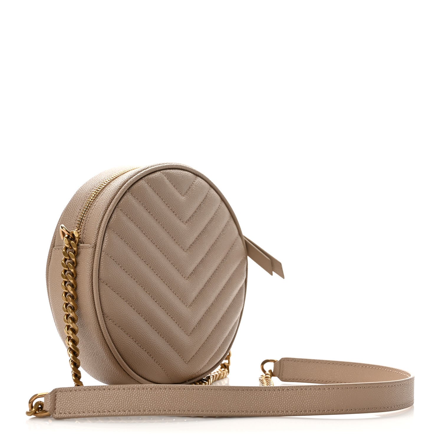 Saint Laurent Grain De Poudre Matelasse Chevron Quilted Round Vinyle Camera Bag Dark Beige 3 of 9