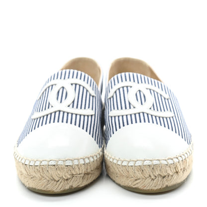 Chanel Canvas Striped Patent CC Espadrilles 37 Ivory Navy White 3 of 8