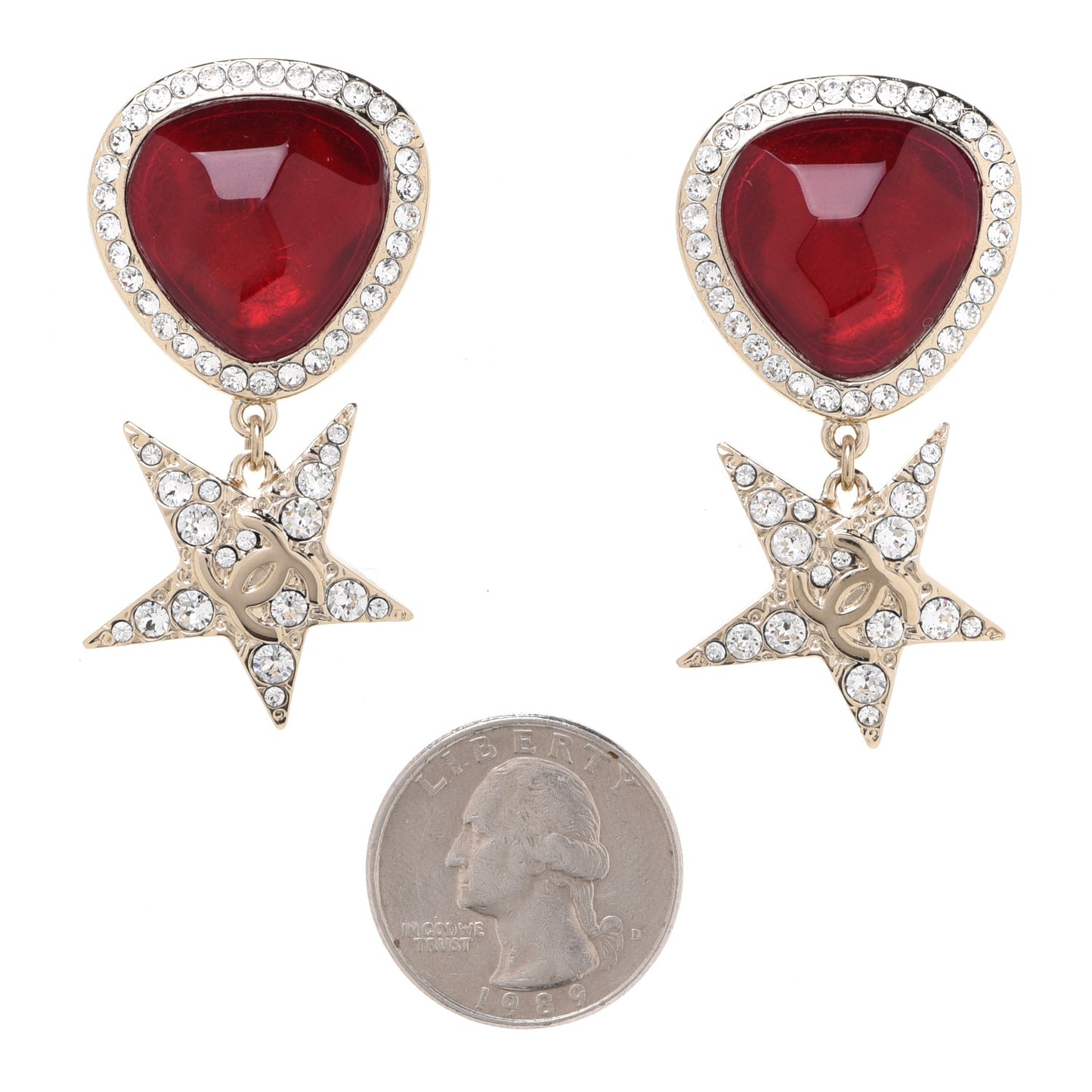 Metal Resin Crystal Star CC Drop Earrings Gold Red