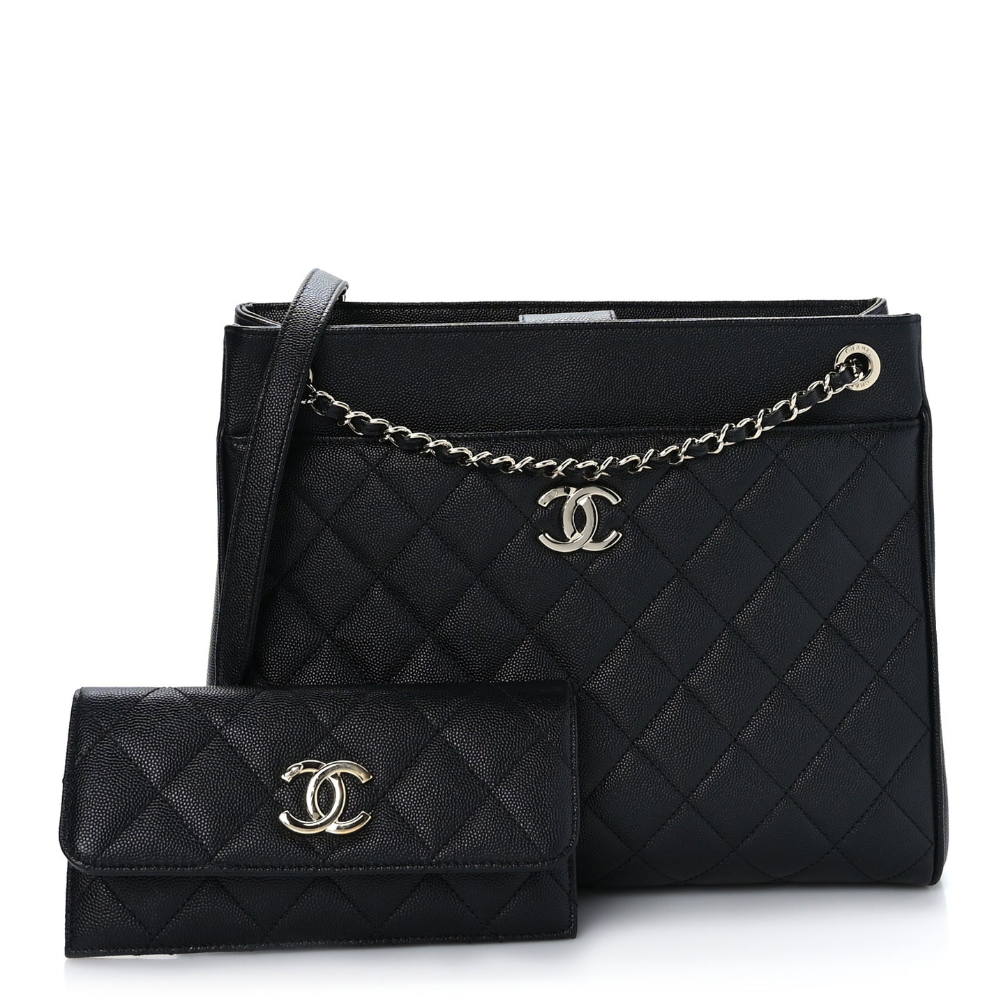 Caviar Quilted In Out Flap Shopping Tote Black