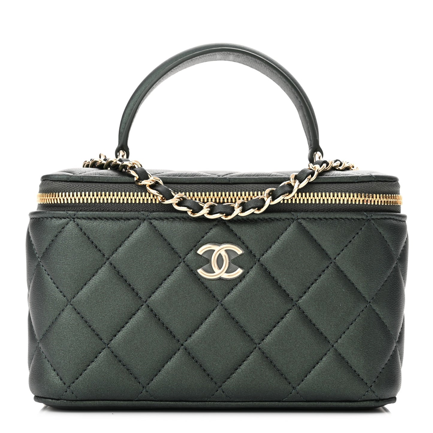 Iridescent Lambskin Quilted Small Top Handle Vanity Case With Chain Dark Green