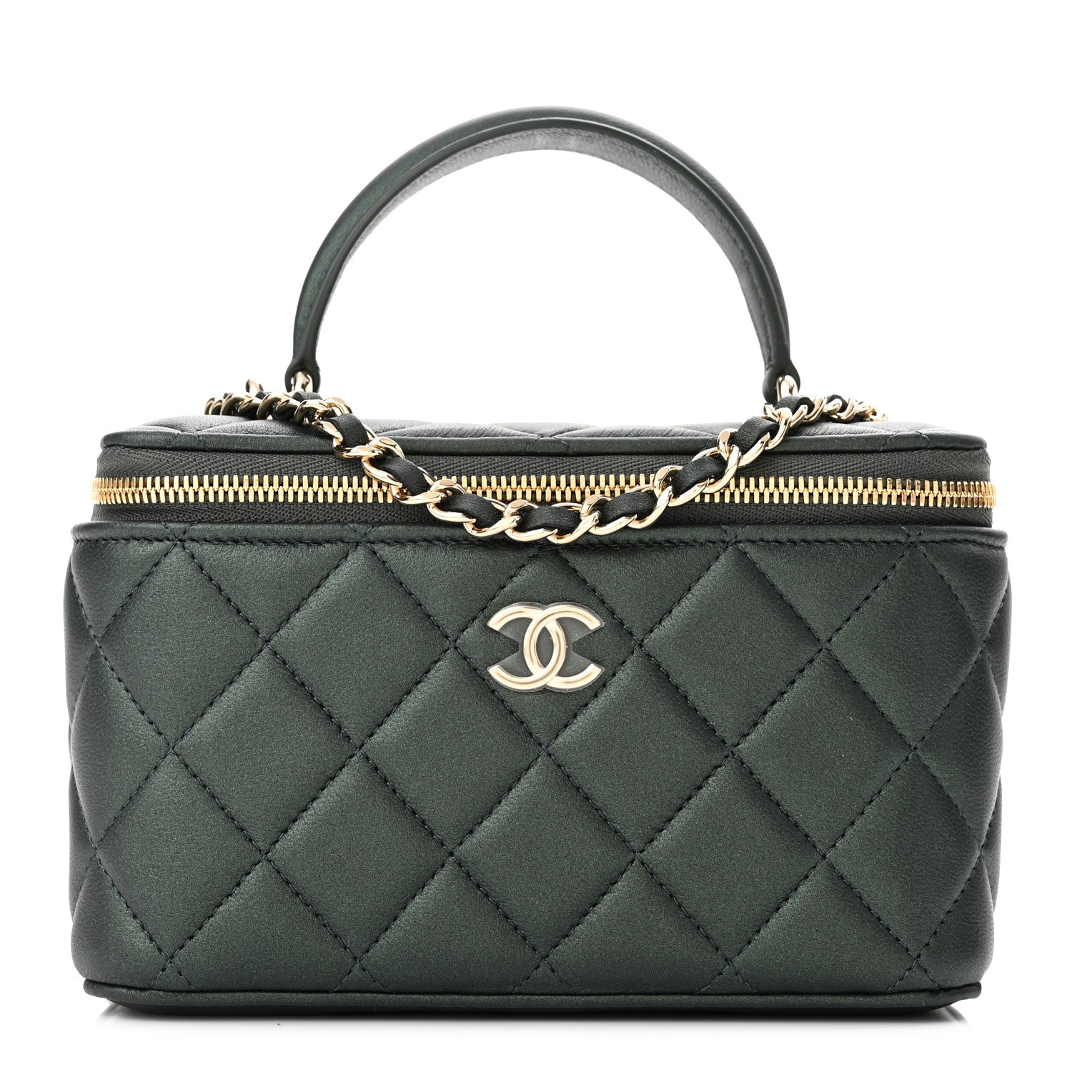 Chanel Iridescent Lambskin Quilted Small Top Handle Vanity Case With Chain Dark Green 1 of 11