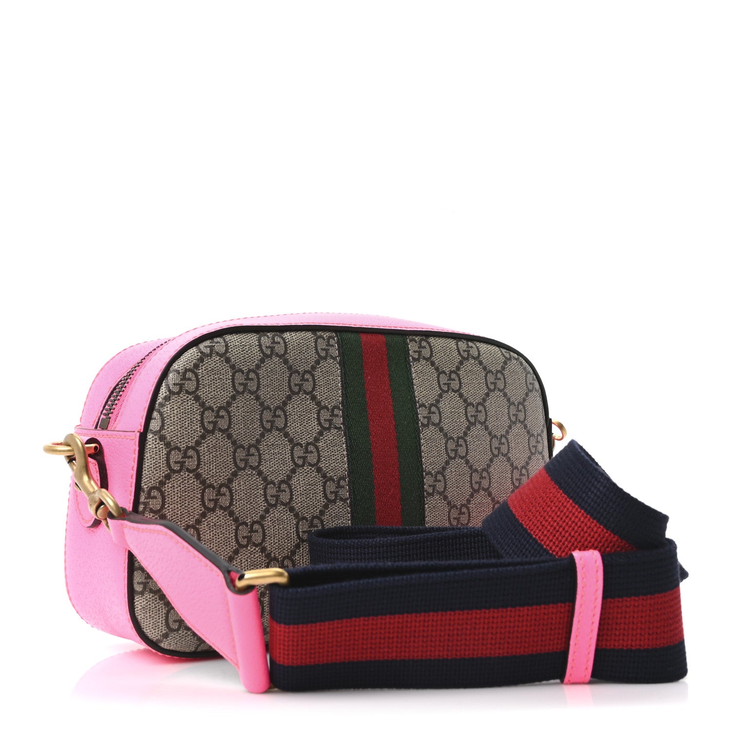 Gucci GG Supreme Monogram Textured Dollar Calfskin Web Ophidia Small Crossbody Bag Beige Ebony Fuchsia 3 of 10