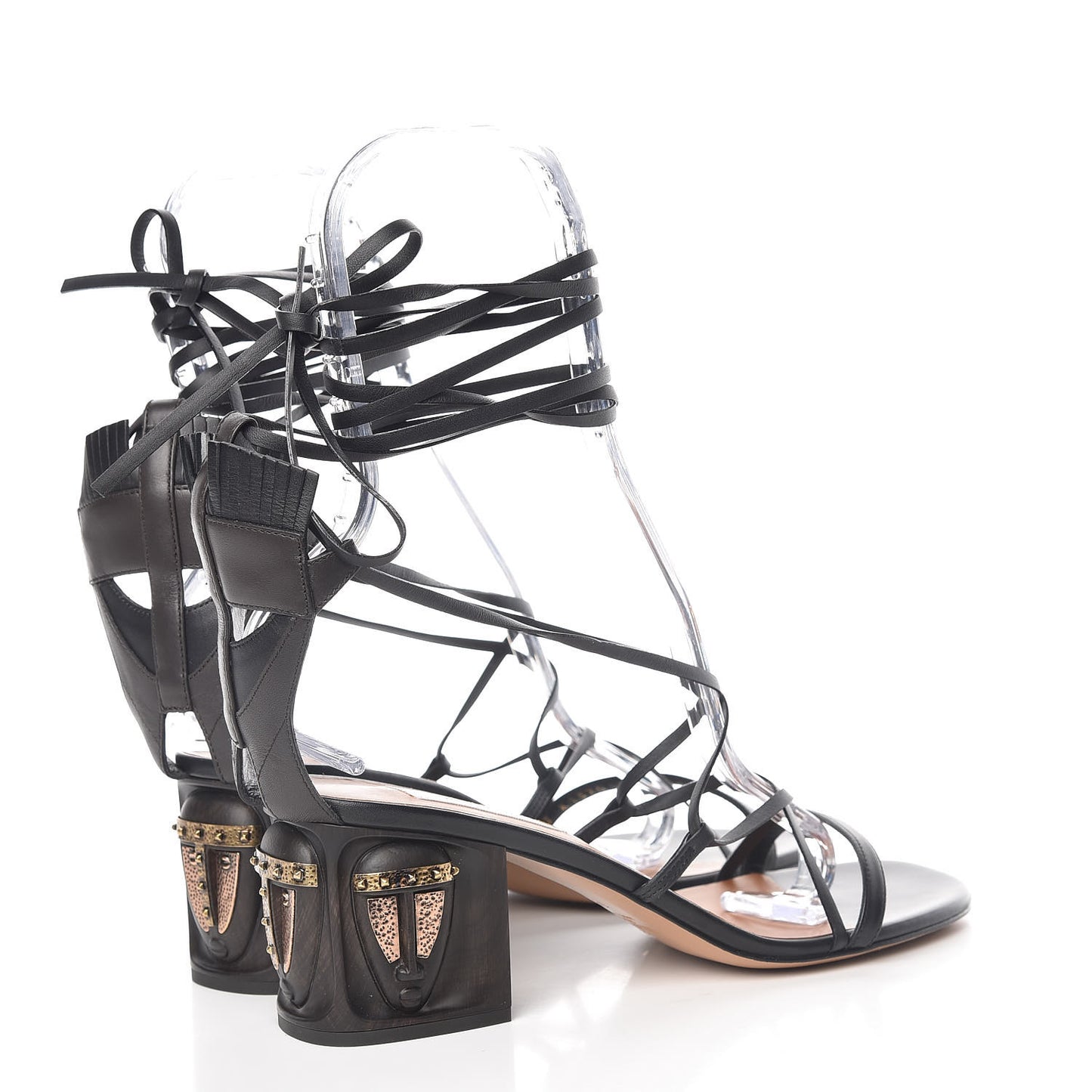 Calfskin Mask Embossed Gladiator Sandals 38.5 Brown Black