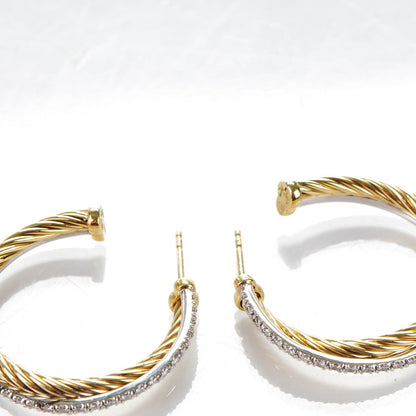 David Yurman 18K Yellow Gold Diamond Crossover Medium Hoop Earrings 3 of 5