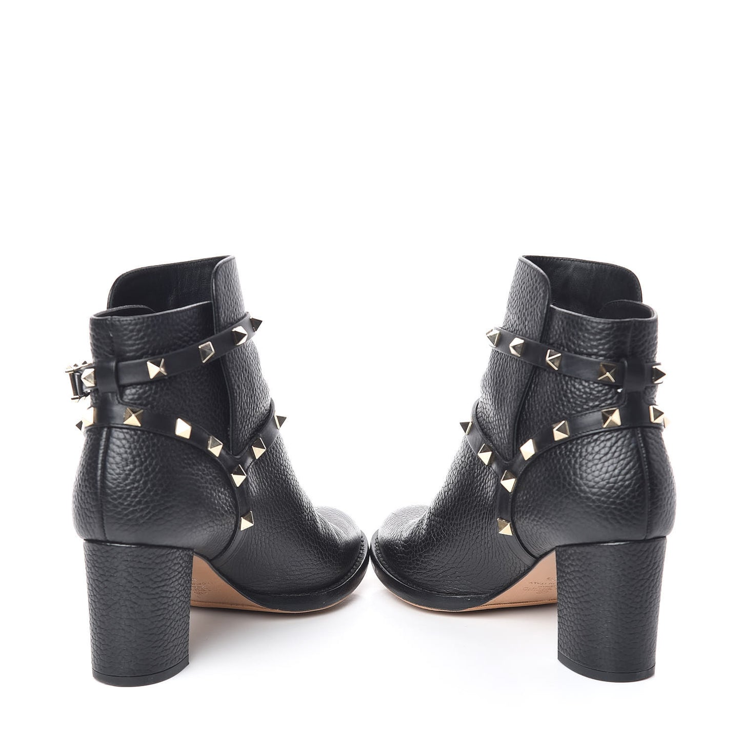Pebbled Calfskin Rockstud Double Buckle 70mm Block Heel Ankle Boots 36.5 Black