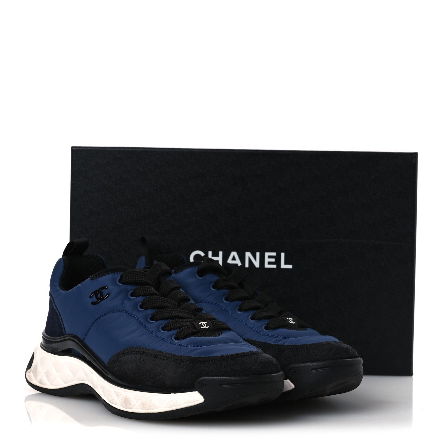 Chanel Nylon Suede Calfskin Womens Logo Sneakers 36 Dark Navy Blue 39 Dark Navy Blue 12 of 12