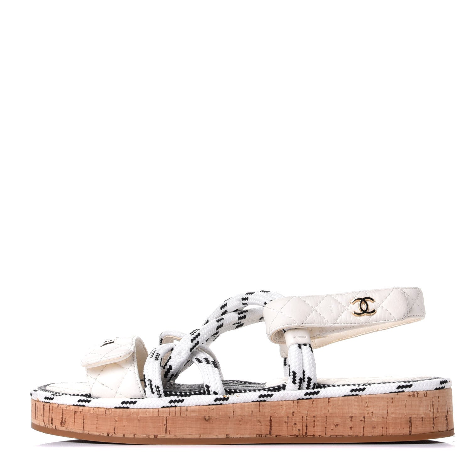 Chanel Cord Lambskin Quilted Logo Sandals 38 White Black 2 of 19