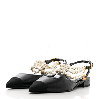 Chanel Lambskin Grosgrain Cap Toe Pearl Slingbacks 39 Black 3 of 14