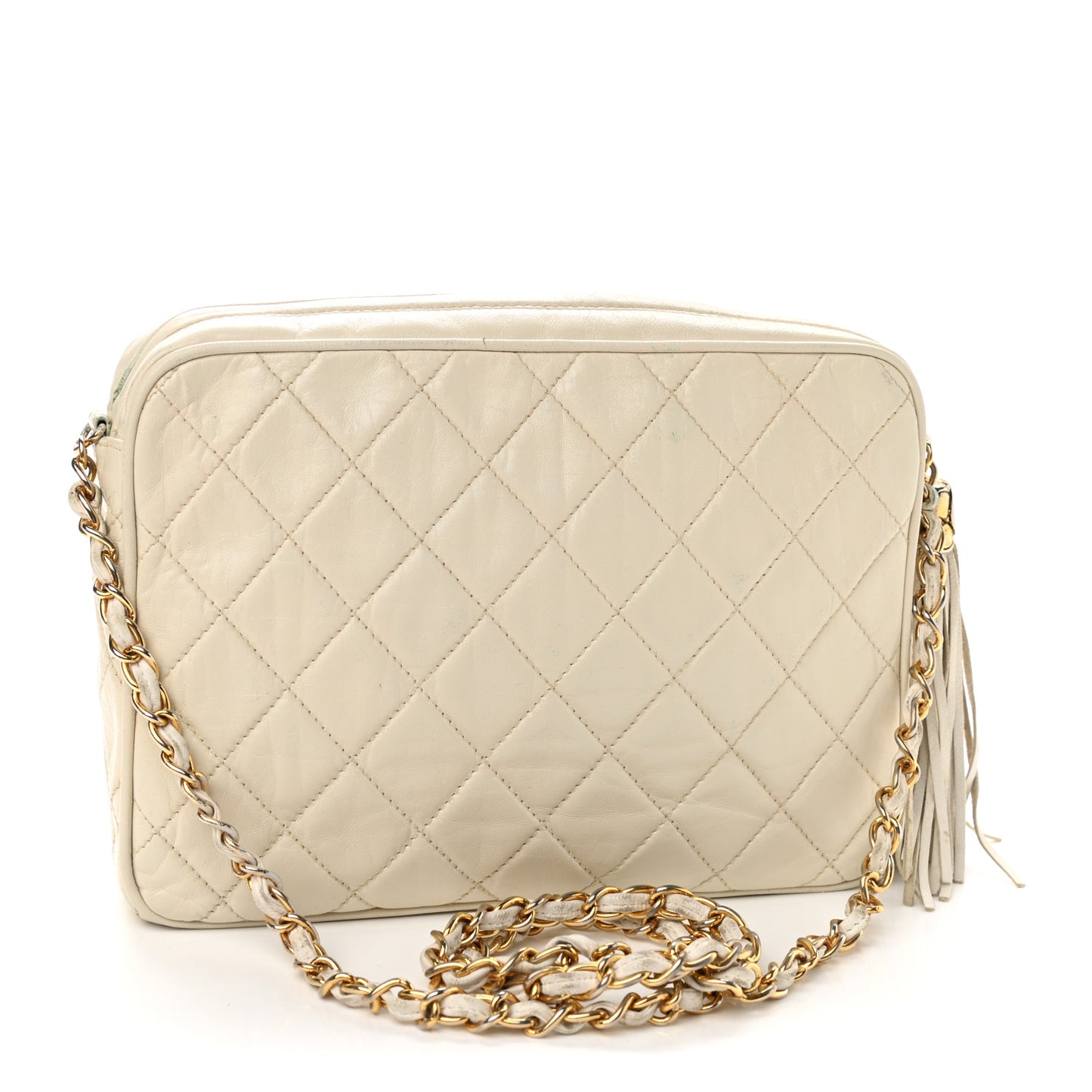 Lambskin Quilted Tassel Camera Case White
