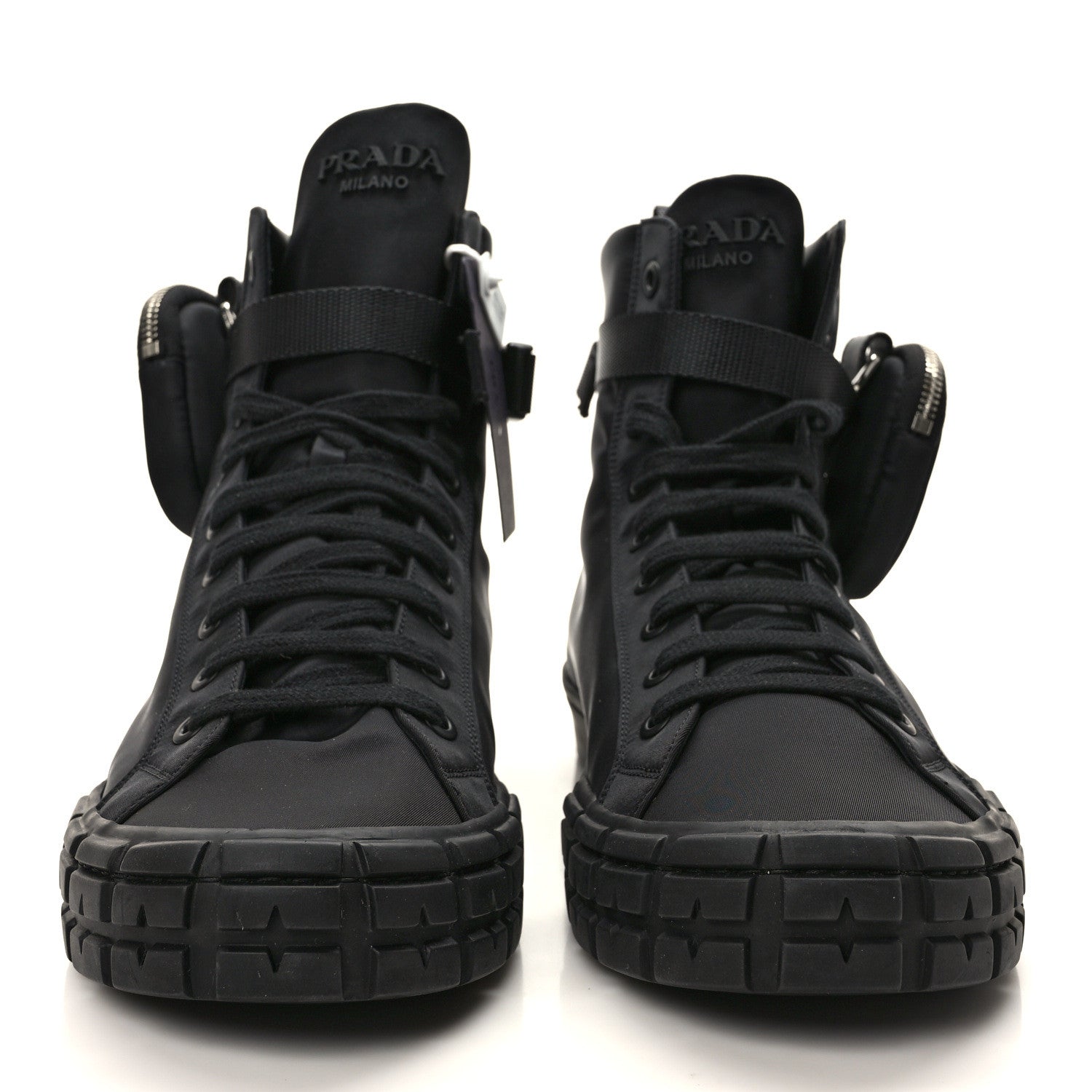 Prada Re-Nylon Gabardine Metal Triangle Logo Mens Wheel Pouch Pocket High Top Sneakers 12 Black 2 of 11