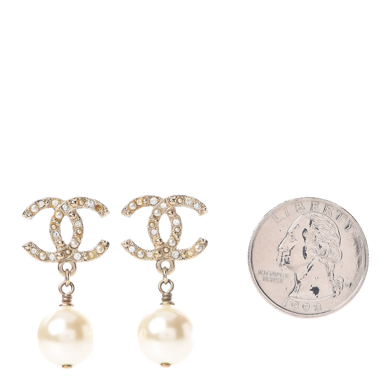 Chanel Pearl Crystal CC Drop Earrings Gold 2 of 6