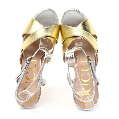 Gucci Metallic Nappa Double G 40/135mm Platform Sandals 38.5 Gold Silver 2 of 14