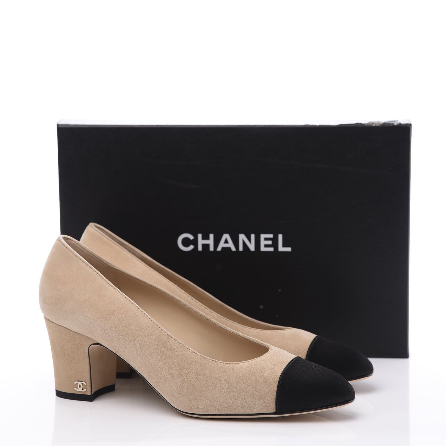 Chanel Suede Satin Cap Toe Low Heel Pumps 39.5 Beige Black 11 of 11