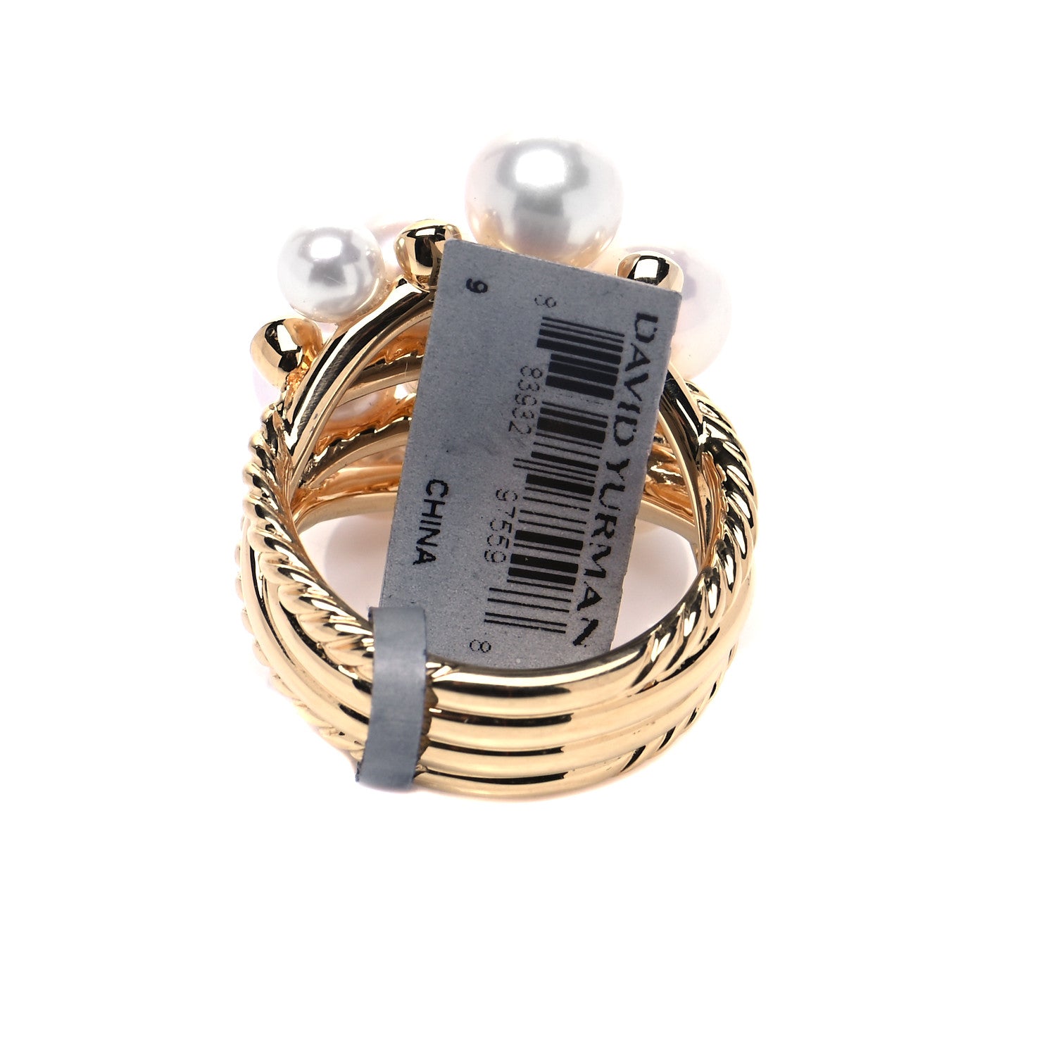 David Yurman 18K Yellow Gold Diamond Pearl Cluster Cable Ring 60 9 5 of 6
