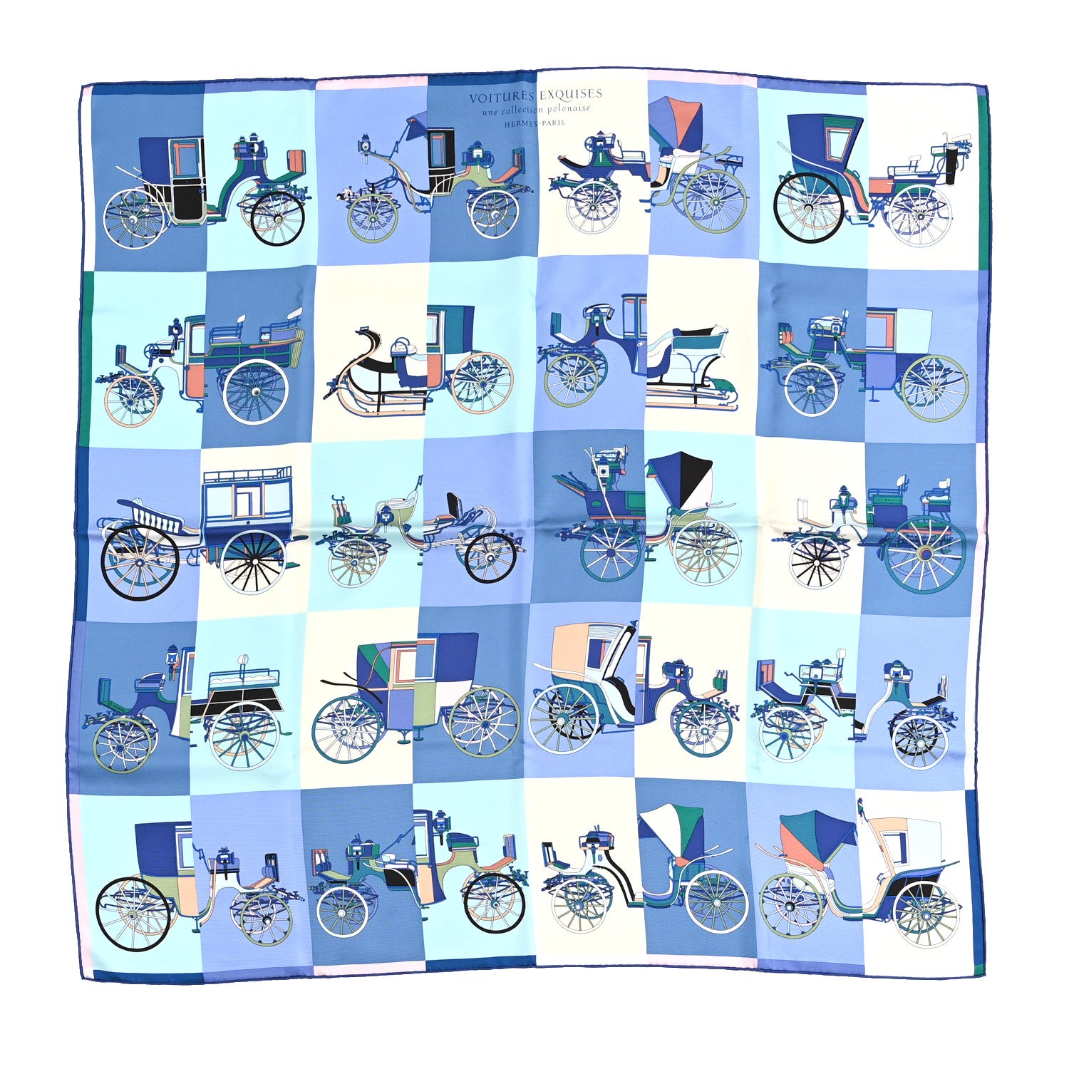 Hermes Silk Voitures Exquises Scarf 90 Bleu Jean Aqua White 1 of 3