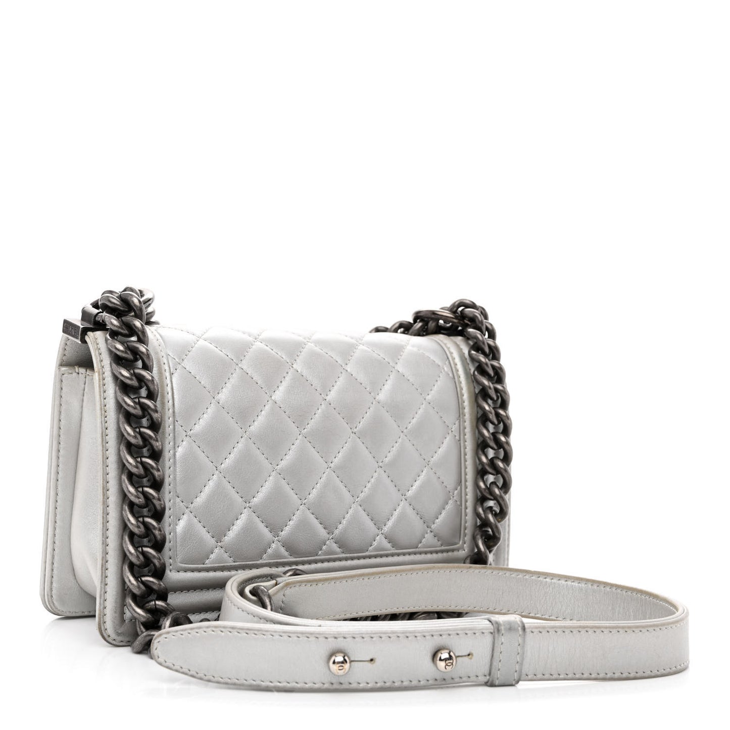 Metallic Lambskin Quilted Small Boy Flap Silver