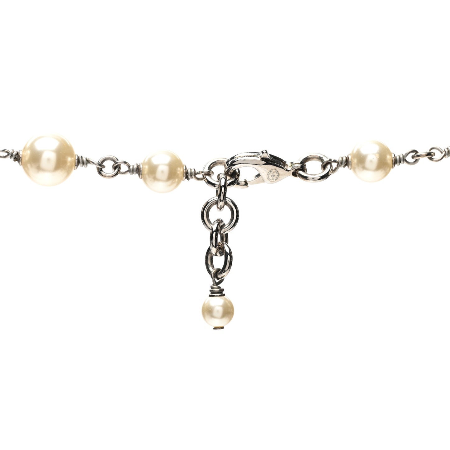 Graduated Pearl Crystal CC Long Necklace Silver