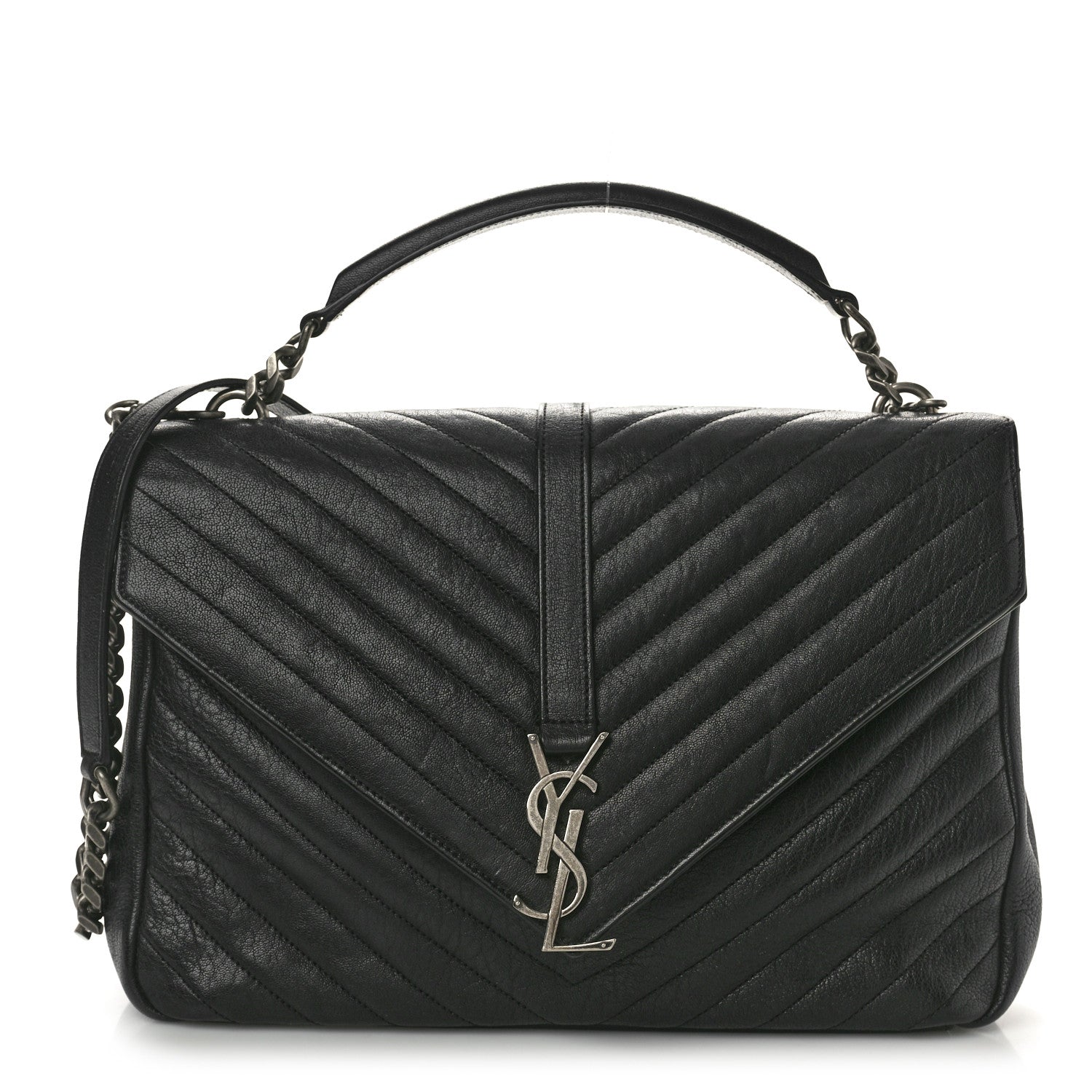 Saint Laurent Sheepskin Matelasse Chevron Monogram Large College Satchel Black Tulip 1 of 12