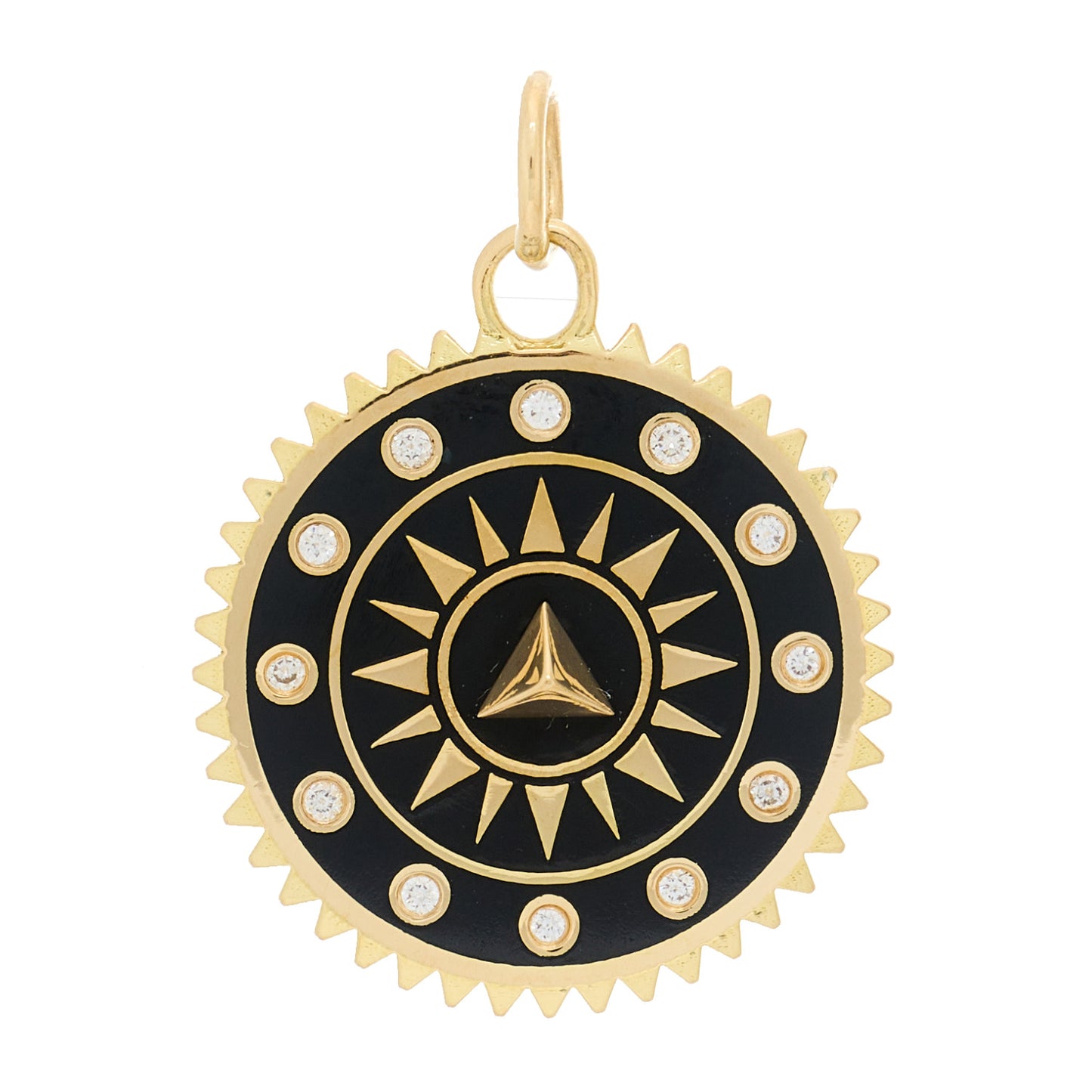 18K Yellow Gold Diamond Enamel Medium Champleve Pyramid Dream Medallion Pendant Black