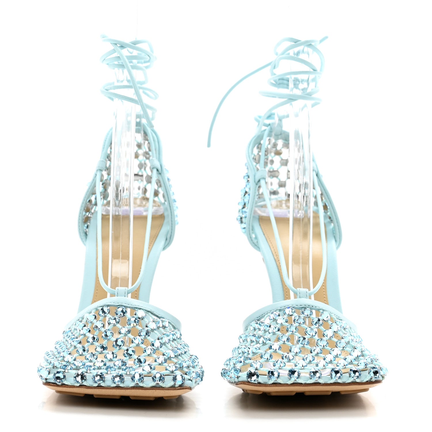 Bottega Veneta Mesh Nappa Crystal Embellished Sparkle Stretch Ankle Tie Sandals 37.5 Pale Blue 2 of 7