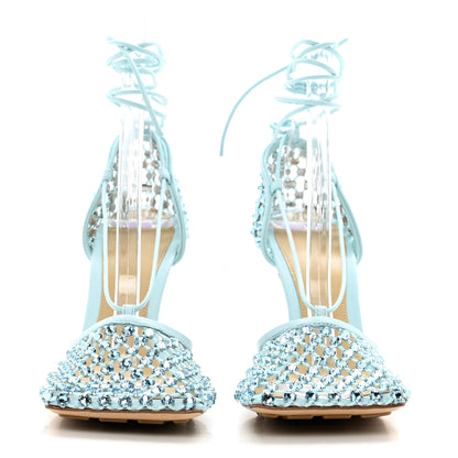 Bottega Veneta Mesh Nappa Crystal Embellished Sparkle Stretch Ankle Tie Sandals 37.5 Pale Blue 2 of 7