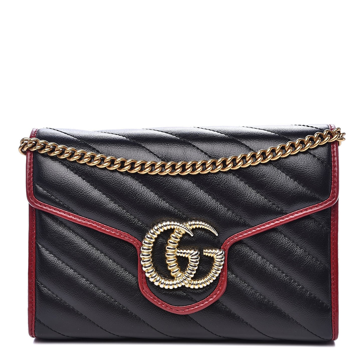 Vintage Effect Calfskin Matelasse Diagonal Torchon GG Marmont Chain Wallet Black Romantic Cherry