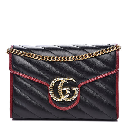 Gucci Vintage Effect Calfskin Matelasse Diagonal Torchon GG Marmont Chain Wallet Black Romantic Cherry 1 of 10