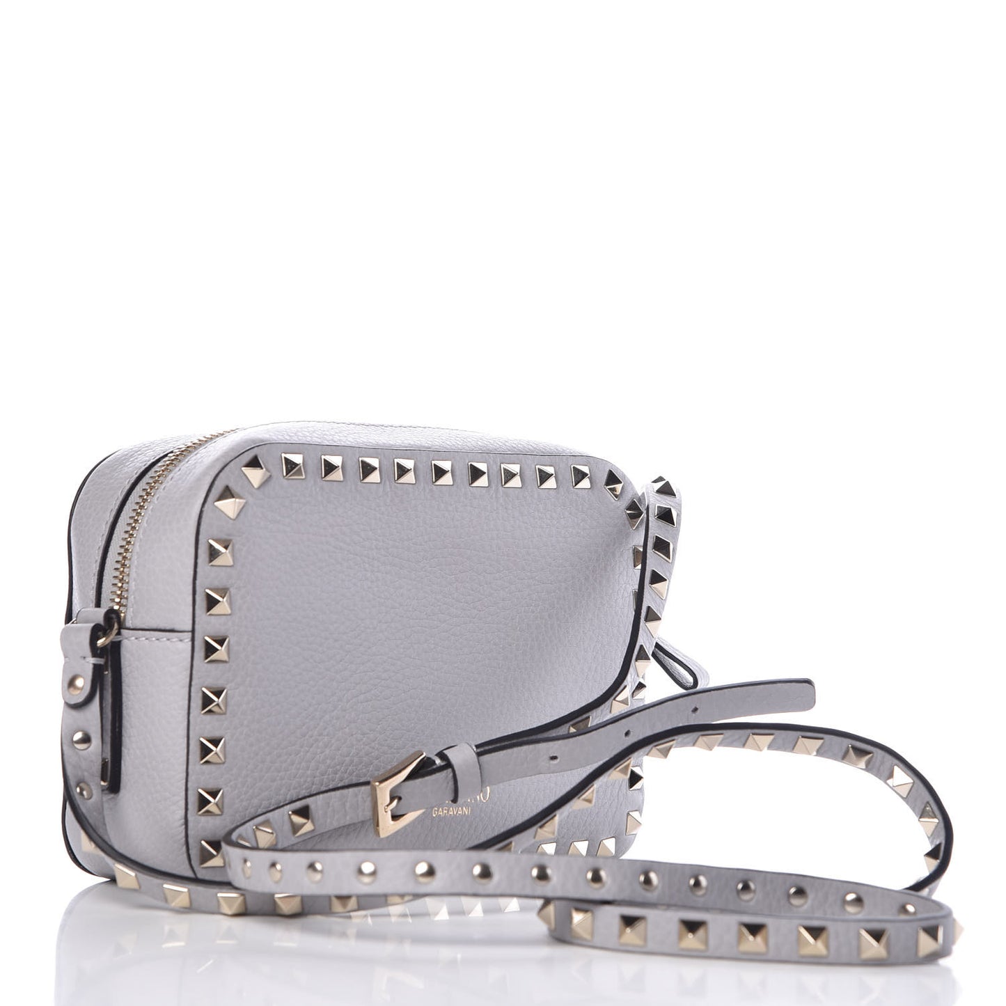 Grained Calfskin Rockstud Camera Crossbody Bag Pastel Grey