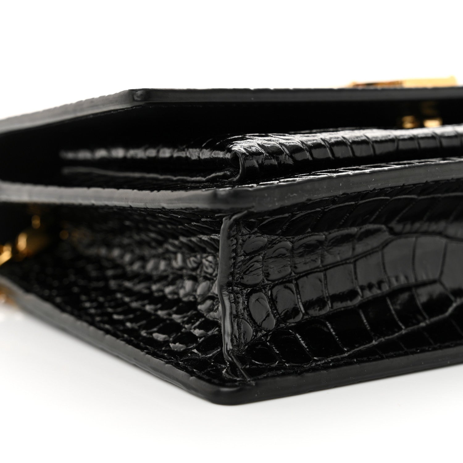 Saint Laurent Calfskin Crocodile Embossed Monogram Sunset Top Handle Chain Wallet Black 9 of 12