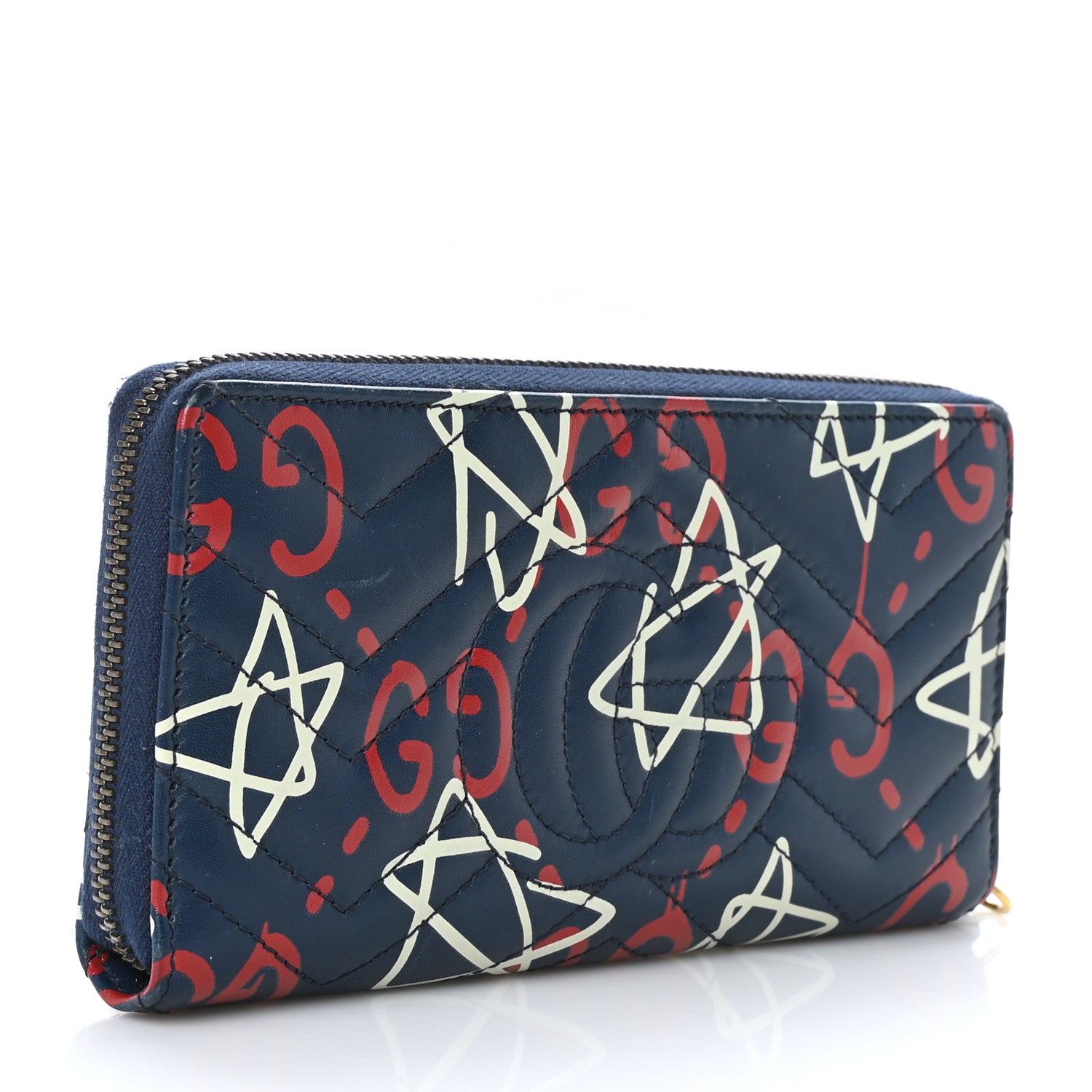 Gucci Calfskin Matelasse GucciGhost GG Marmont Zip Around Wallet Blue Agata Hibiscus Red 3 of 6