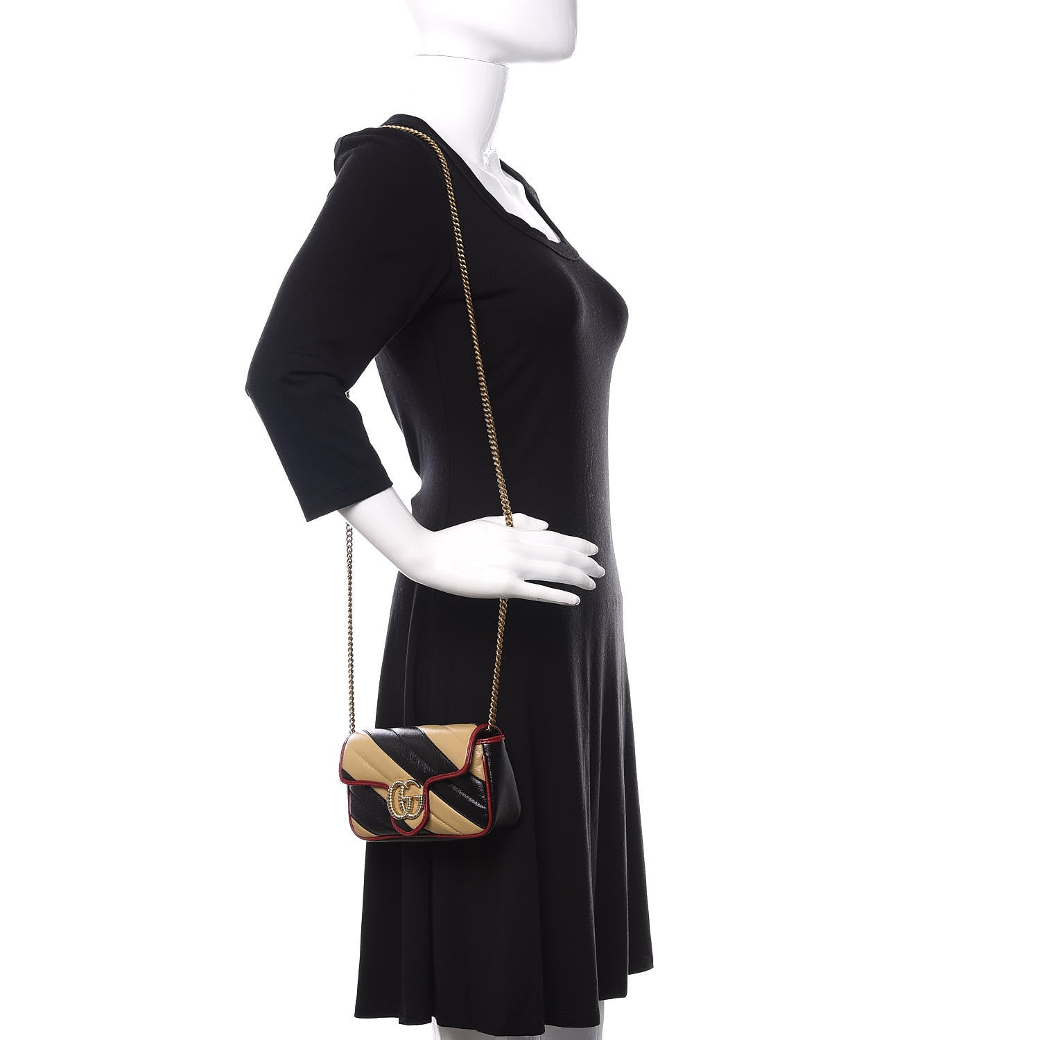 Gucci Vintage Effect Calfskin Matelasse Diagonal Striped Super Mini Torchon GG Marmont Shoulder Bag Black Beige 2 of 11