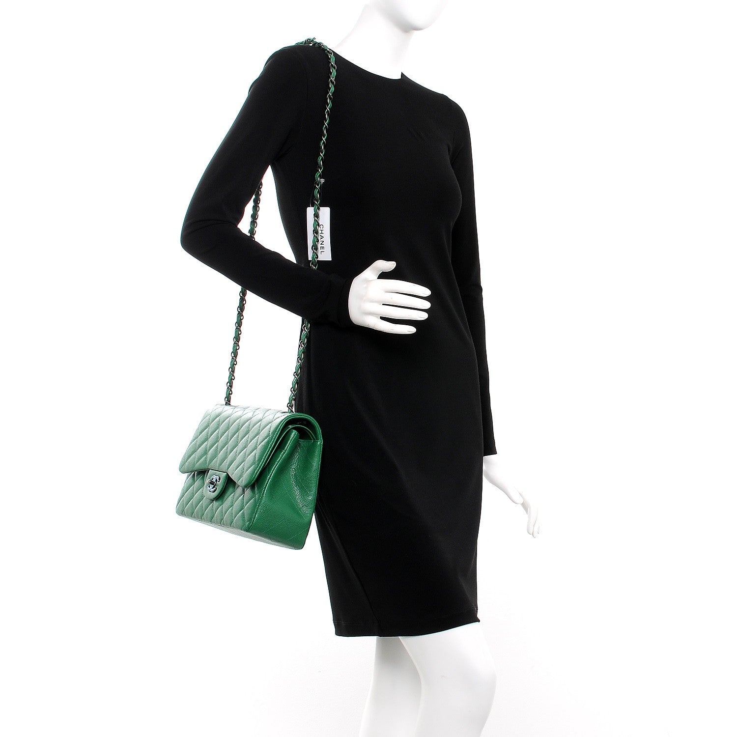 Chanel Caviar Quilted Jumbo Double Flap Green 2 of 9