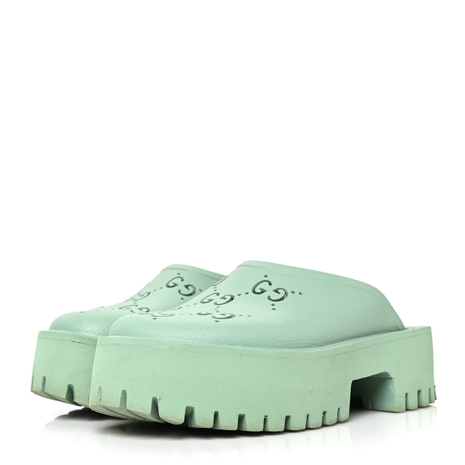Gucci Rubber GG Monogram Perforated Elea Platform 55mm Lug Sole Sandals 38 Pacific Green 3 of 11