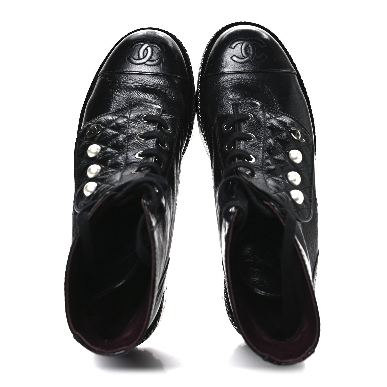 Chanel Crackled Calfskin Velvet Pearl Combat Short Boots 39 Black 2 of 11