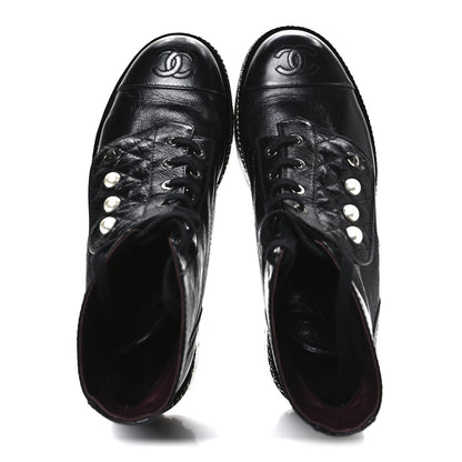 Chanel Crackled Calfskin Velvet Pearl Combat Short Boots 39 Black 2 of 11