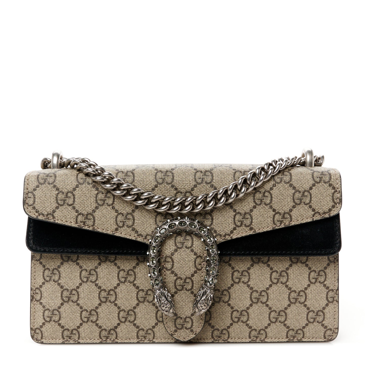 GG Supreme Monogram Suede Crystal Small Dionysus Shoulder Bag Beige Ebony Black