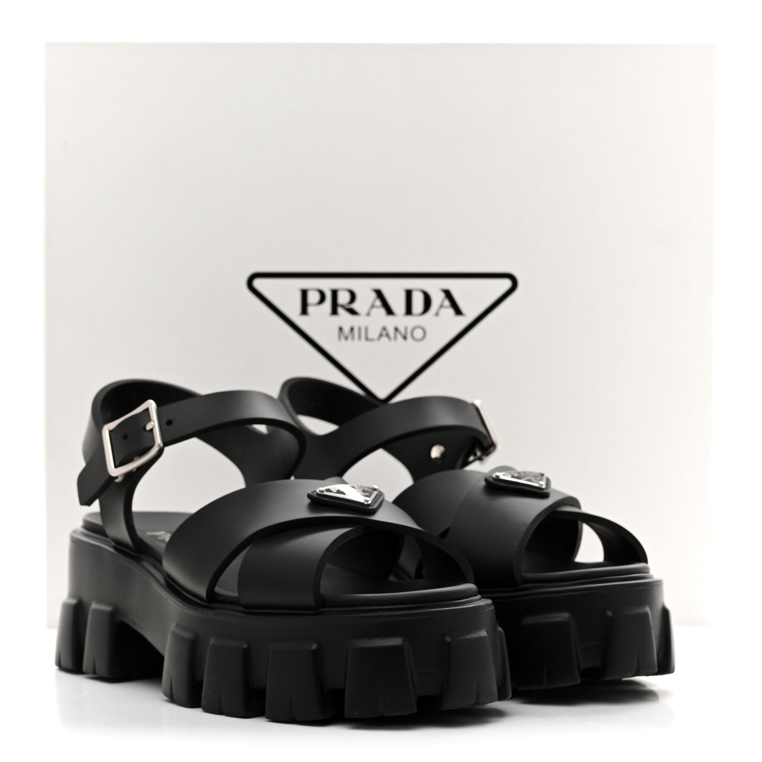 Prada Foam Rubber Metal Triangle Logo Monolith 55mm Soft Cage Sandals 37 Black 10 of 10