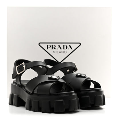 Prada Foam Rubber Metal Triangle Logo Monolith 55mm Soft Cage Sandals 37 Black 10 of 10