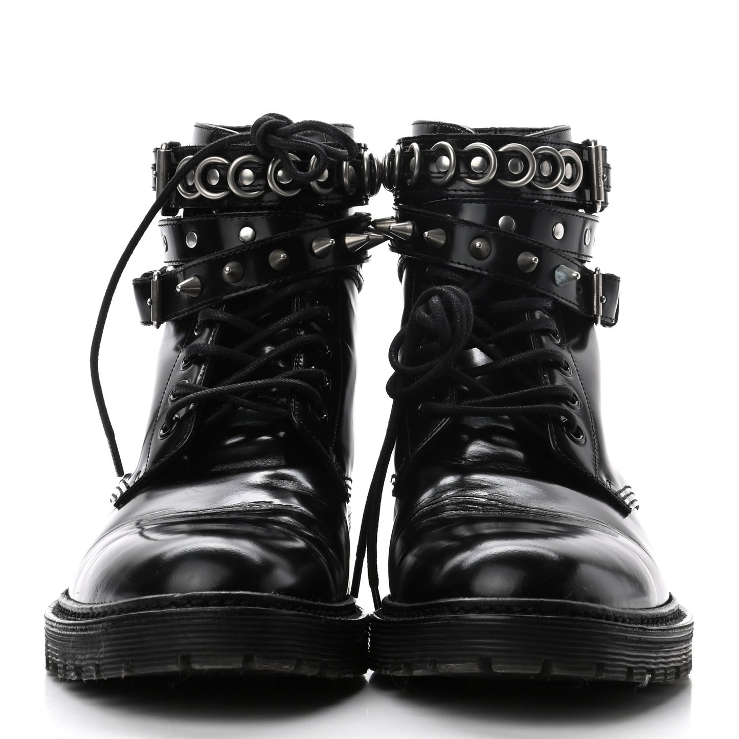 Smooth Calfskin Studded Womens Lace-Up Combat Boots 38 Black