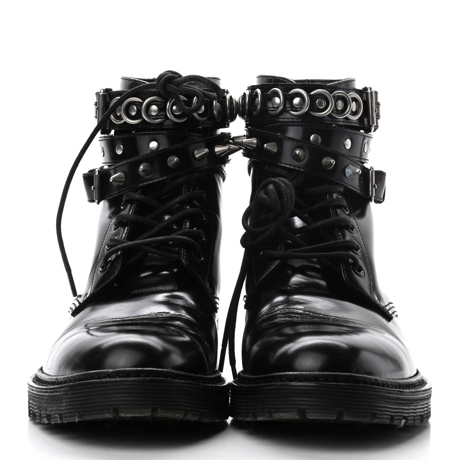 Saint Laurent Smooth Calfskin Studded Womens Lace-Up Combat Boots 38 Black 2 of 9