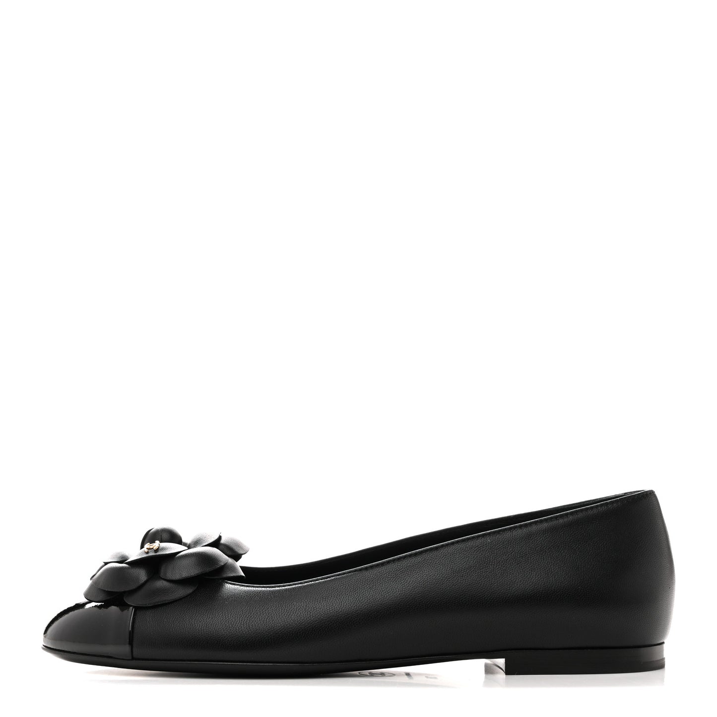 Lambskin Patent Cap Toe Camellia Ballerina Flats 38 Black